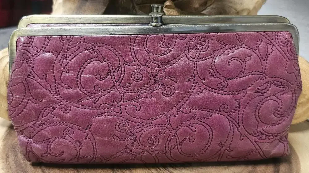 Hobo International Lauren Purple Mulberry Embroidered Leather Clutch Wallet